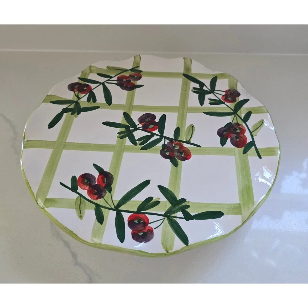 Hand Painted Ceramic Cake Stand Olive Branch Lattice Scalloped Pedestal Server